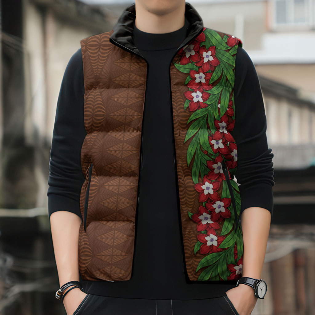 Tonga Language Week Sleeveless Puffer Jacket Heilala Floral Brown LT05 - Polynesian Pride