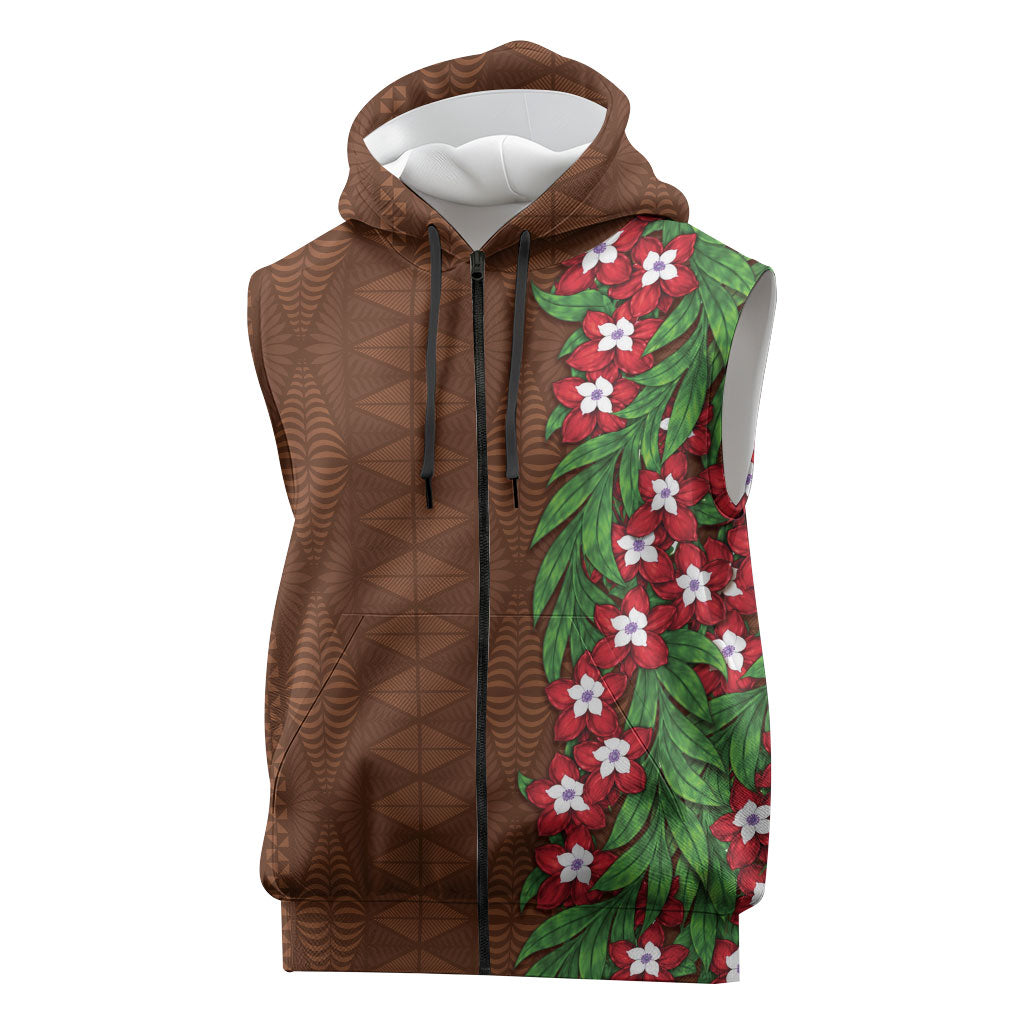 Tonga Language Week Sleeveless Zip Hoodie Heilala Floral Brown LT05 Brown - Polynesian Pride
