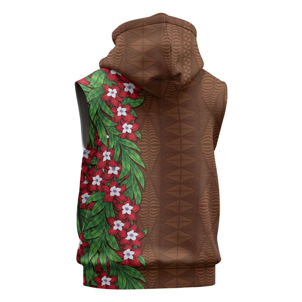 Tonga Language Week Sleeveless Zip Hoodie Heilala Floral Brown LT05 - Polynesian Pride