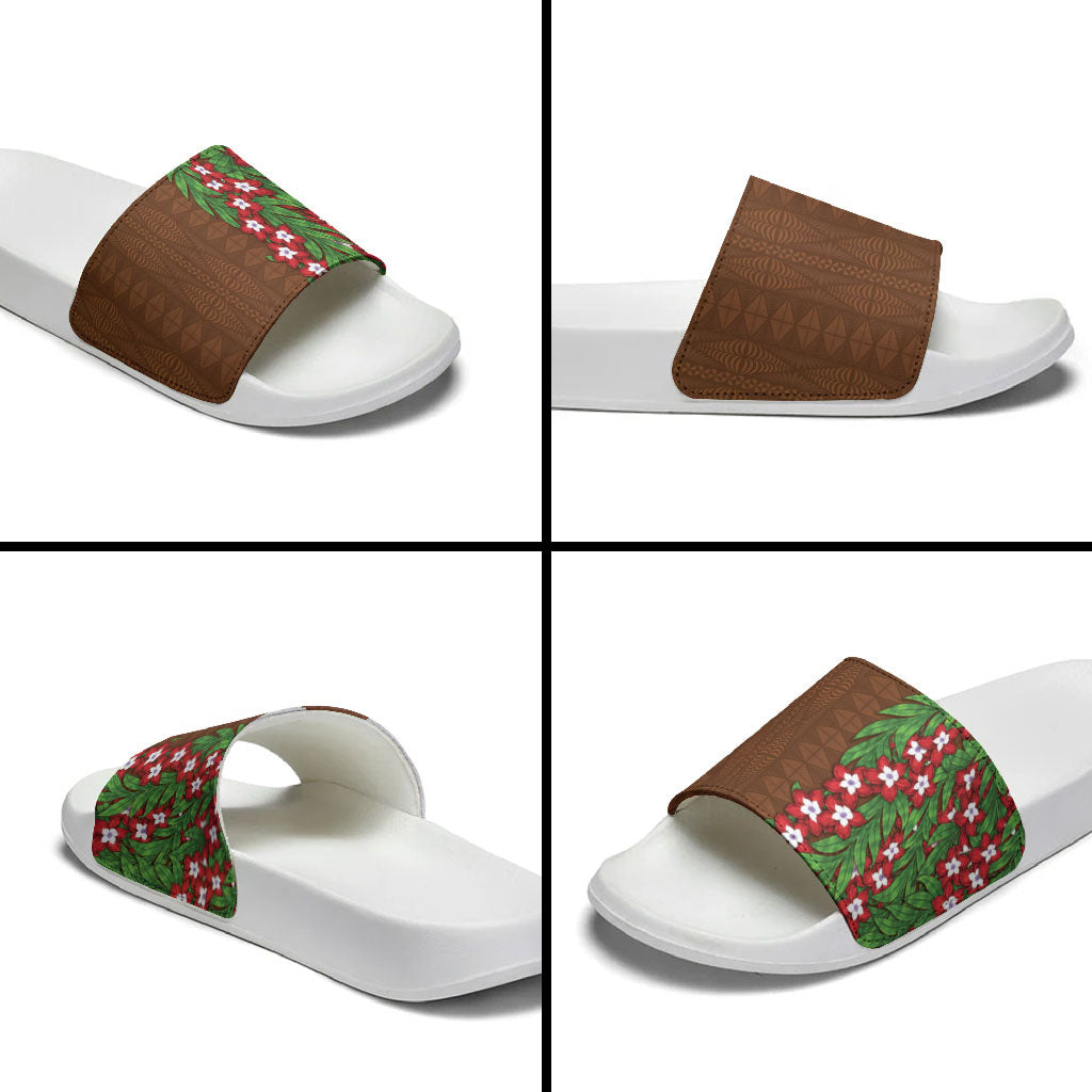 Tonga Language Week Slide Sandals Heilala Floral Brown LT05 - Polynesian Pride