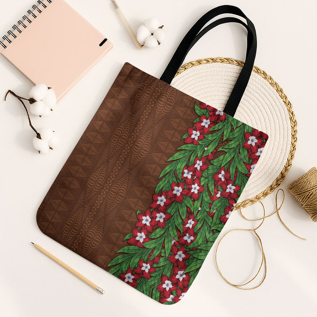 Tonga Language Week Tote Bag Heilala Floral Brown LT05 Black Strap One Size Brown - Polynesian Pride