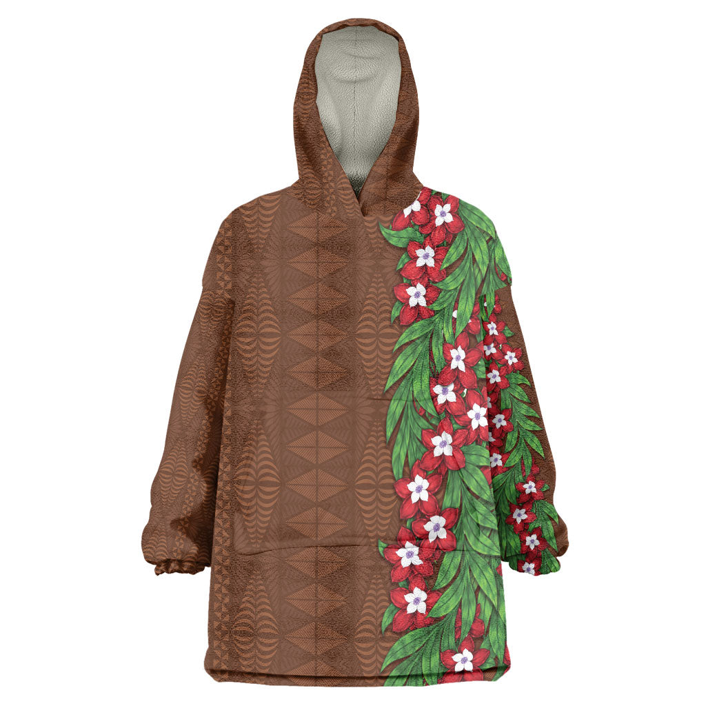 Tonga Language Week Wearable Blanket Hoodie Heilala Floral Brown LT05 One Size Brown - Polynesian Pride