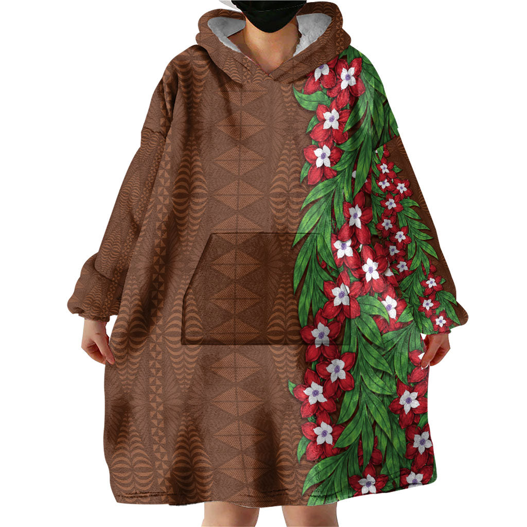 Tonga Language Week Wearable Blanket Hoodie Heilala Floral Brown LT05 - Polynesian Pride