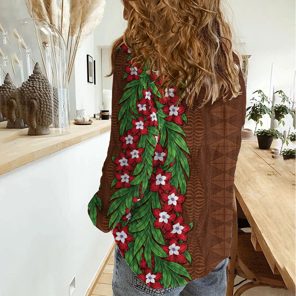 Tonga Language Week Women Casual Shirt Heilala Floral Brown LT05 - Polynesian Pride