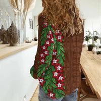 Tonga Language Week Women Casual Shirt Heilala Floral Brown LT05 - Polynesian Pride