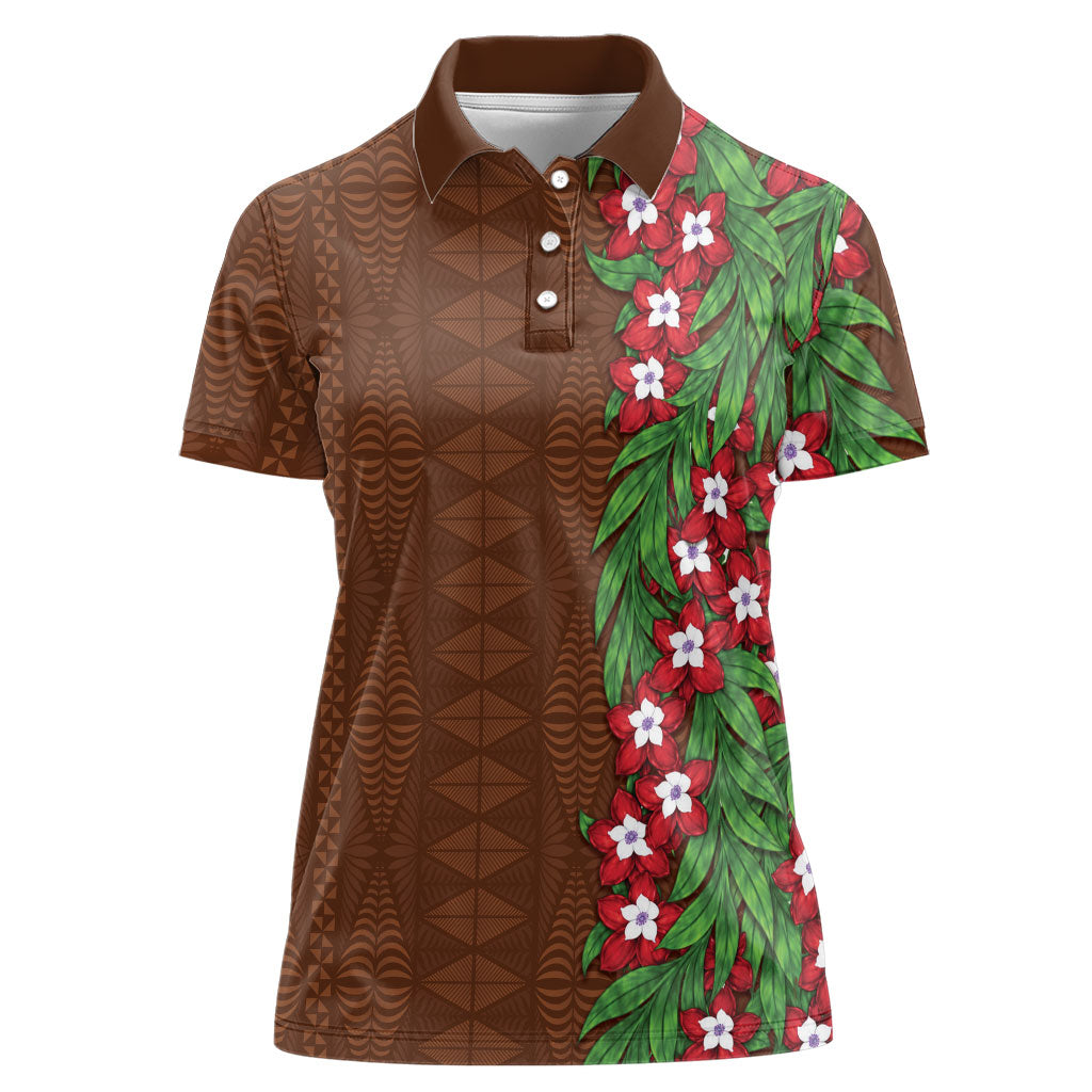 Tonga Language Week Women Polo Shirt Heilala Floral Brown LT05 Female Brown - Polynesian Pride