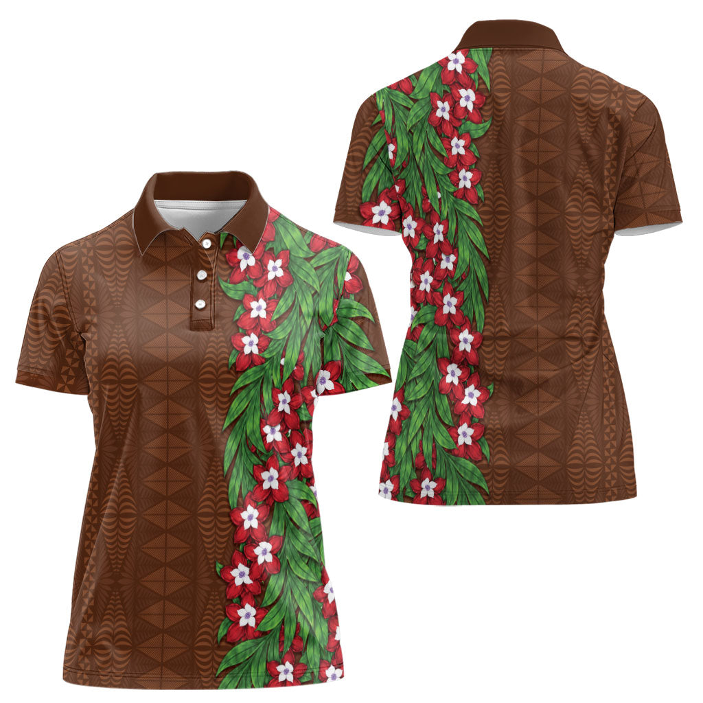 Tonga Language Week Women Polo Shirt Heilala Floral Brown LT05 - Polynesian Pride