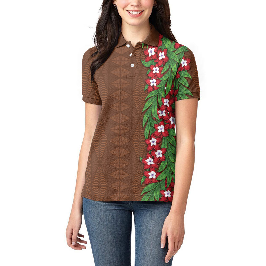 Tonga Language Week Women Polo Shirt Heilala Floral Brown LT05 - Polynesian Pride