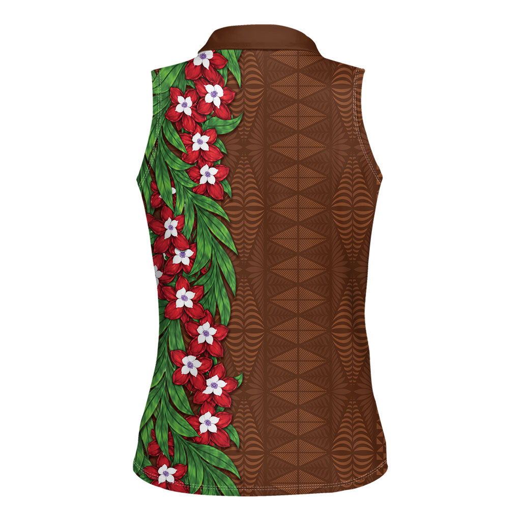 Tonga Language Week Women Sleeveless Polo Shirt Heilala Floral Brown LT05 - Polynesian Pride