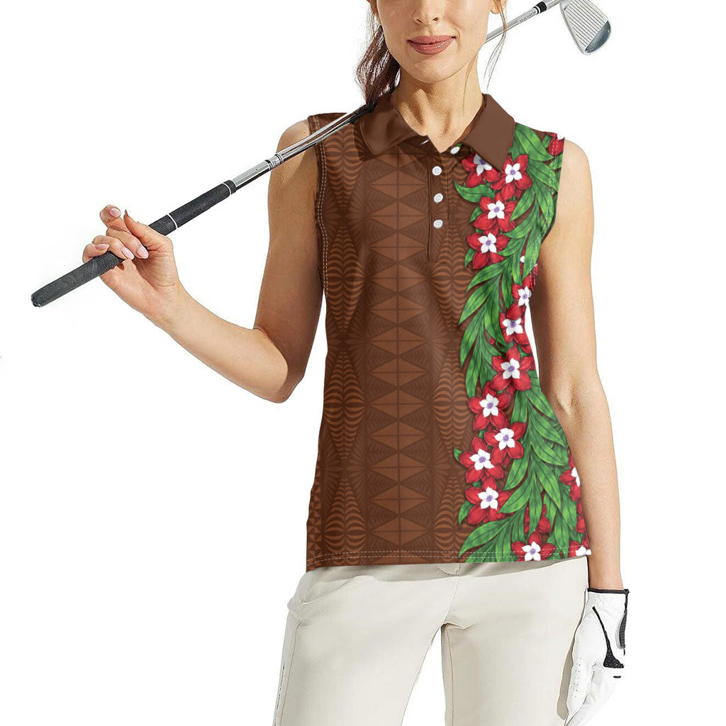 Tonga Language Week Women Sleeveless Polo Shirt Heilala Floral Brown LT05 - Polynesian Pride