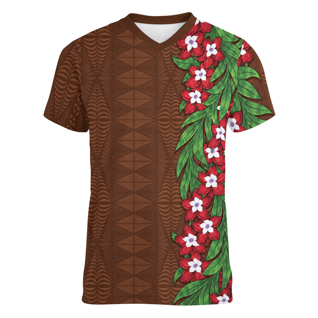 Tonga Language Week Women V-Neck T-Shirt Heilala Floral Brown LT05 Female Brown - Polynesian Pride