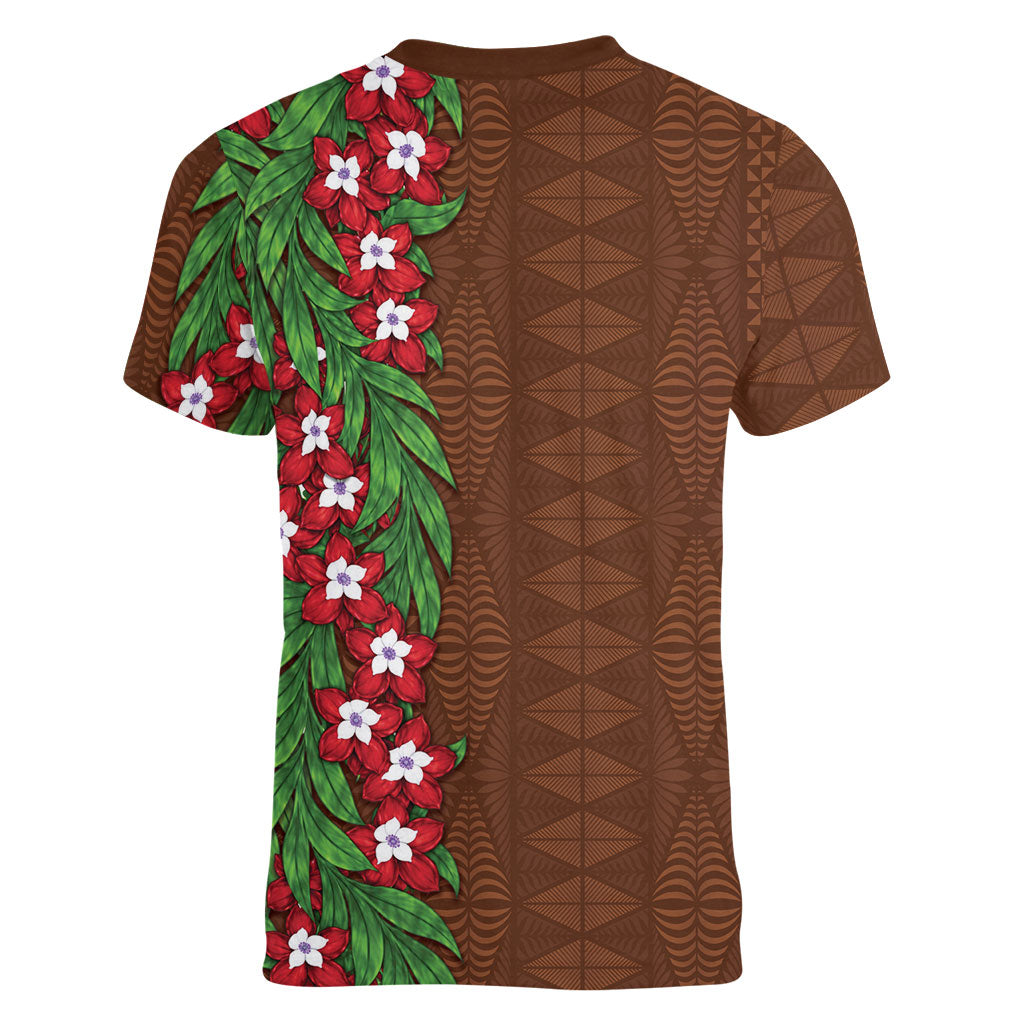 Tonga Language Week Women V-Neck T-Shirt Heilala Floral Brown LT05 - Polynesian Pride