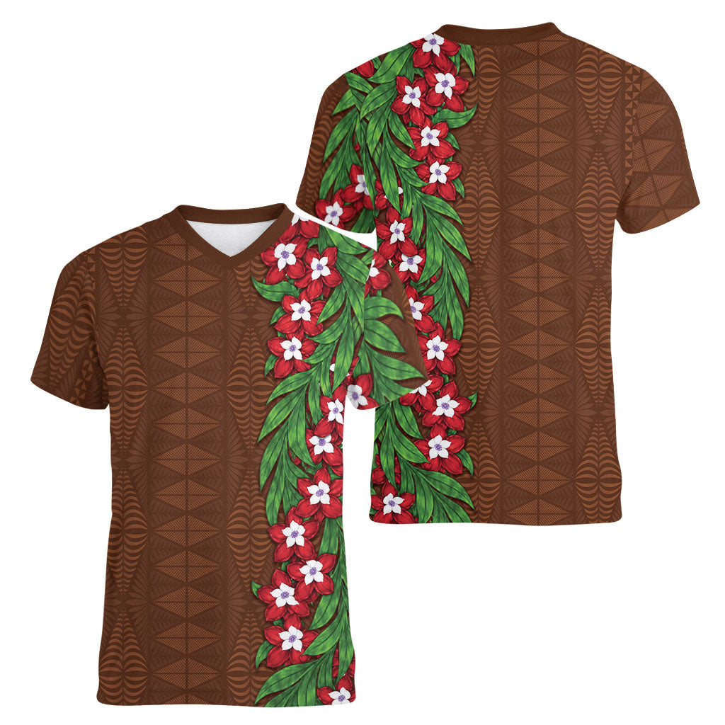 Tonga Language Week Women V-Neck T-Shirt Heilala Floral Brown LT05 - Polynesian Pride