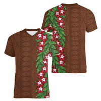 Tonga Language Week Women V-Neck T-Shirt Heilala Floral Brown LT05 - Polynesian Pride