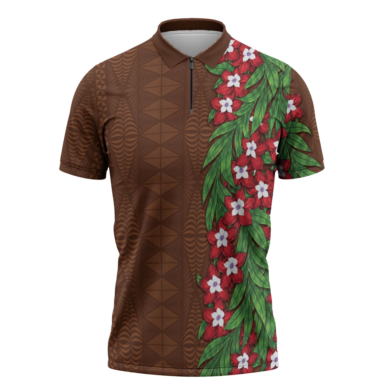 Tonga Language Week Zipper Polo Shirt Heilala Floral Brown LT05 Brown - Polynesian Pride