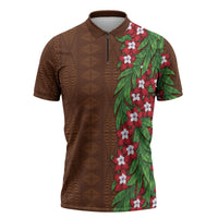Tonga Language Week Zipper Polo Shirt Heilala Floral Brown LT05 Brown - Polynesian Pride