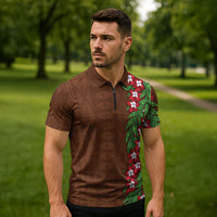 Tonga Language Week Zipper Polo Shirt Heilala Floral Brown LT05 - Polynesian Pride