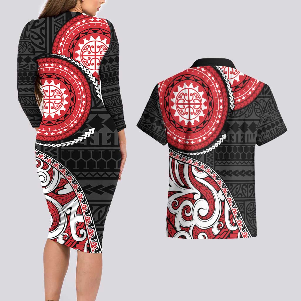 New Zealand Red Maori Koru Simple Style Couples Matching Long Sleeve Bodycon Dress and Hawaiian Shirt LT05 - Polynesian Pride