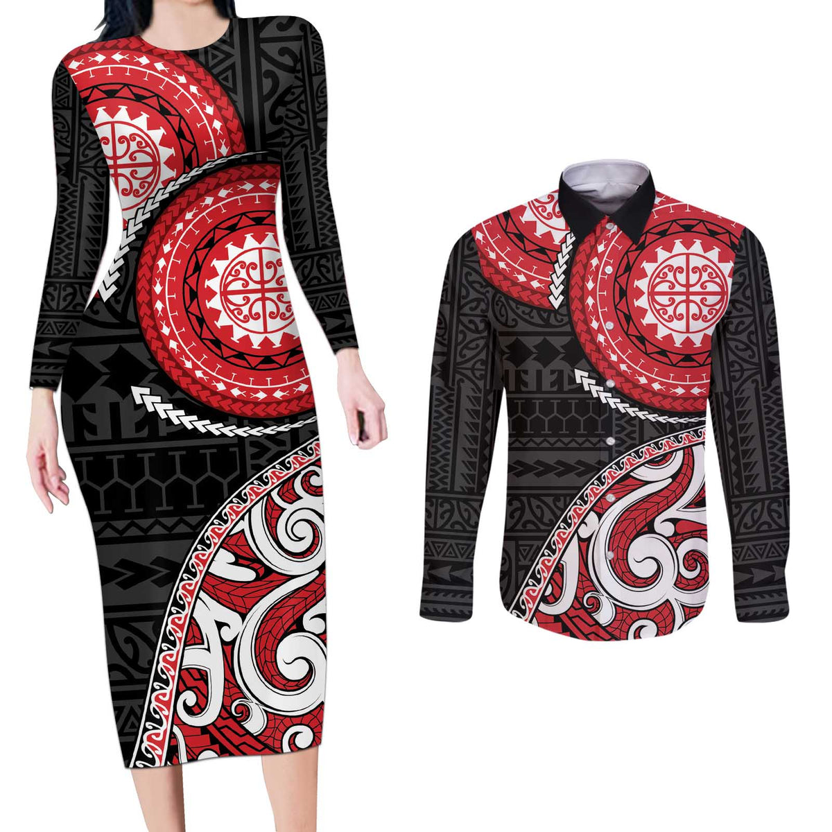 New Zealand Red Maori Koru Simple Style Couples Matching Long Sleeve Bodycon Dress and Long Sleeve Button Shirt LT05 Red - Polynesian Pride