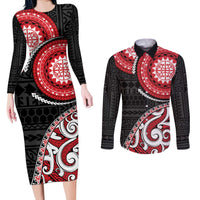 New Zealand Red Maori Koru Simple Style Couples Matching Long Sleeve Bodycon Dress and Long Sleeve Button Shirt LT05 Red - Polynesian Pride