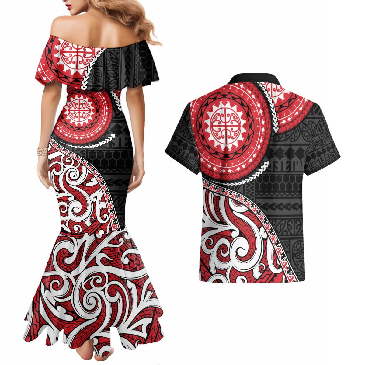 New Zealand Red Maori Koru Simple Style Couples Matching Mermaid Dress and Hawaiian Shirt LT05 - Polynesian Pride