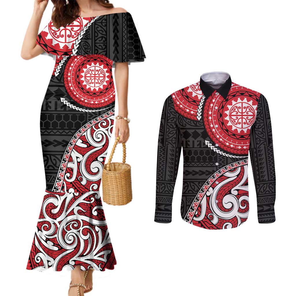 New Zealand Red Maori Koru Simple Style Couples Matching Mermaid Dress and Long Sleeve Button Shirt LT05 Red - Polynesian Pride