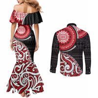 New Zealand Red Maori Koru Simple Style Couples Matching Mermaid Dress and Long Sleeve Button Shirt LT05 - Polynesian Pride