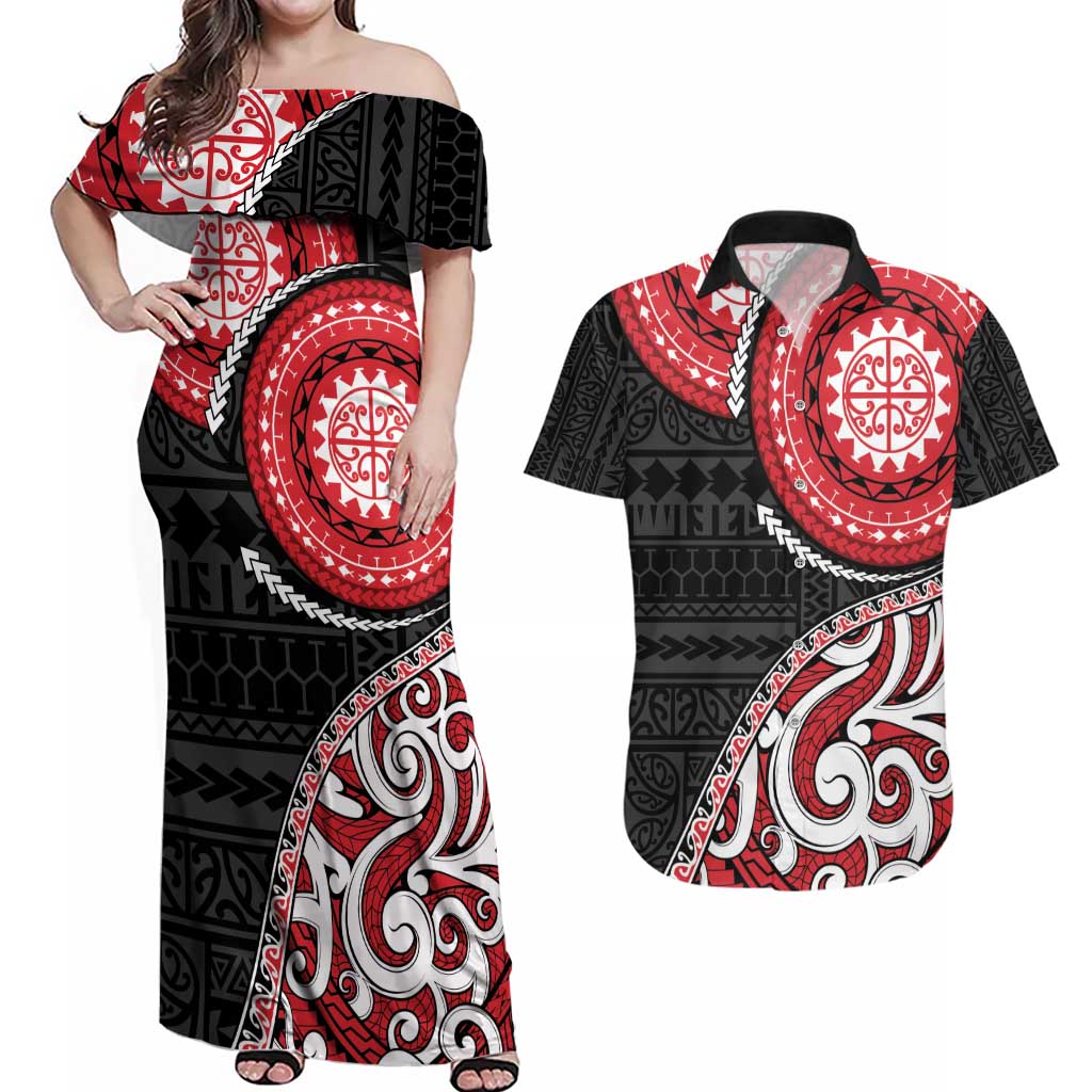 New Zealand Red Maori Koru Simple Style Couples Matching Off Shoulder Maxi Dress and Hawaiian Shirt LT05 Red - Polynesian Pride