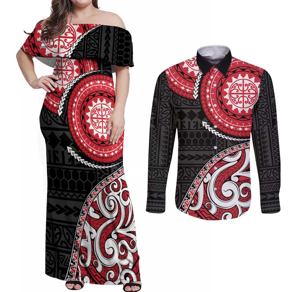 New Zealand Red Maori Koru Simple Style Couples Matching Off Shoulder Maxi Dress and Long Sleeve Button Shirt LT05 Red - Polynesian Pride