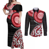 New Zealand Red Maori Koru Simple Style Couples Matching Off Shoulder Maxi Dress and Long Sleeve Button Shirt LT05 Red - Polynesian Pride