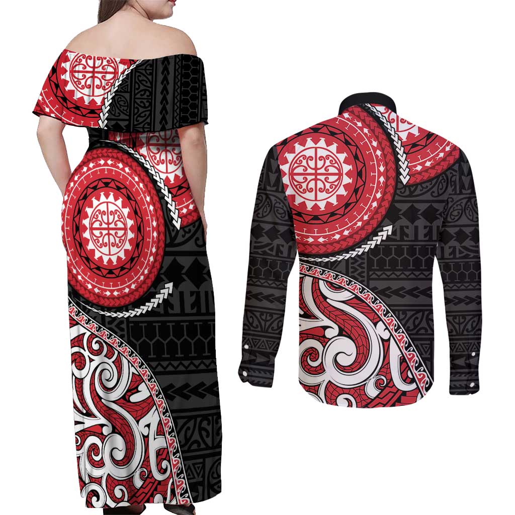 New Zealand Red Maori Koru Simple Style Couples Matching Off Shoulder Maxi Dress and Long Sleeve Button Shirt LT05 - Polynesian Pride