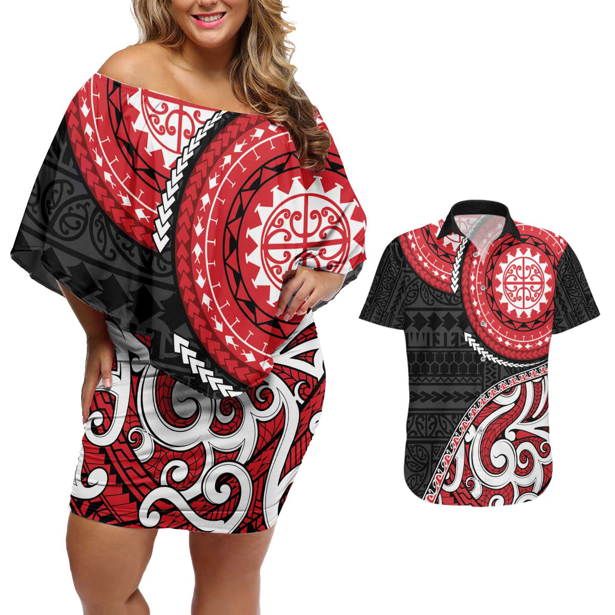 New Zealand Red Maori Koru Simple Style Couples Matching Off Shoulder Short Dress and Hawaiian Shirt LT05 Red - Polynesian Pride