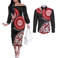New Zealand Red Maori Koru Simple Style Couples Matching Off The Shoulder Long Sleeve Dress and Long Sleeve Button Shirt LT05 Red - Polynesian Pride
