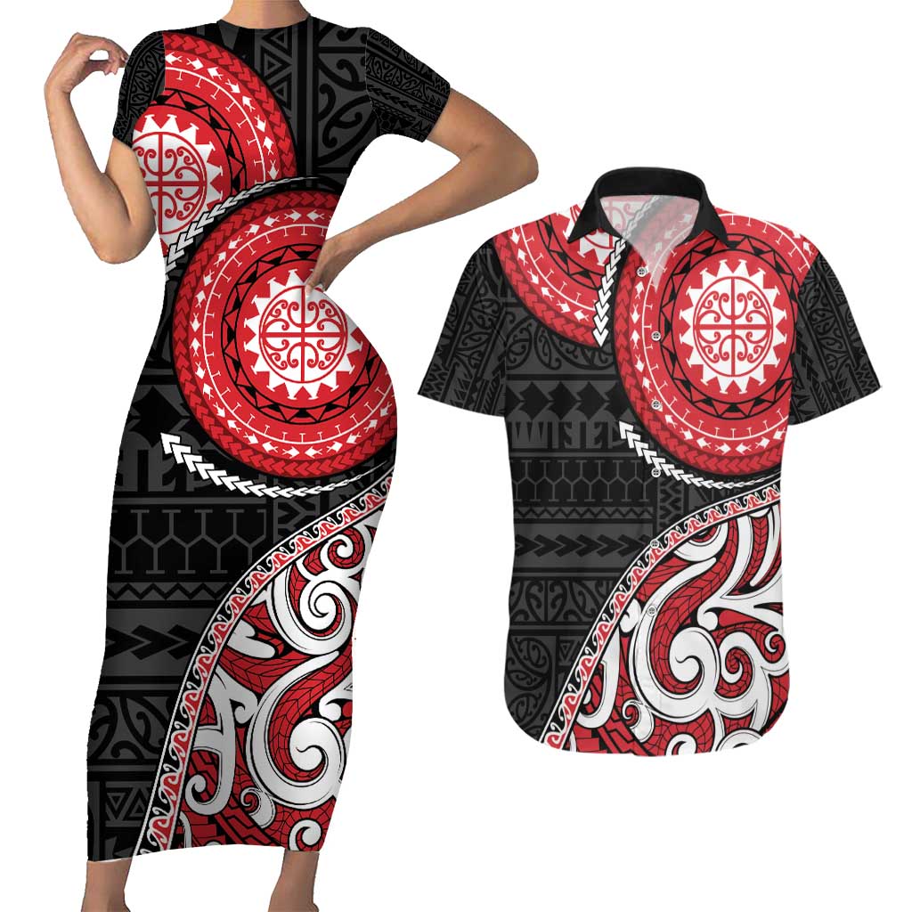 New Zealand Red Maori Koru Simple Style Couples Matching Short Sleeve Bodycon Dress and Hawaiian Shirt LT05 Red - Polynesian Pride