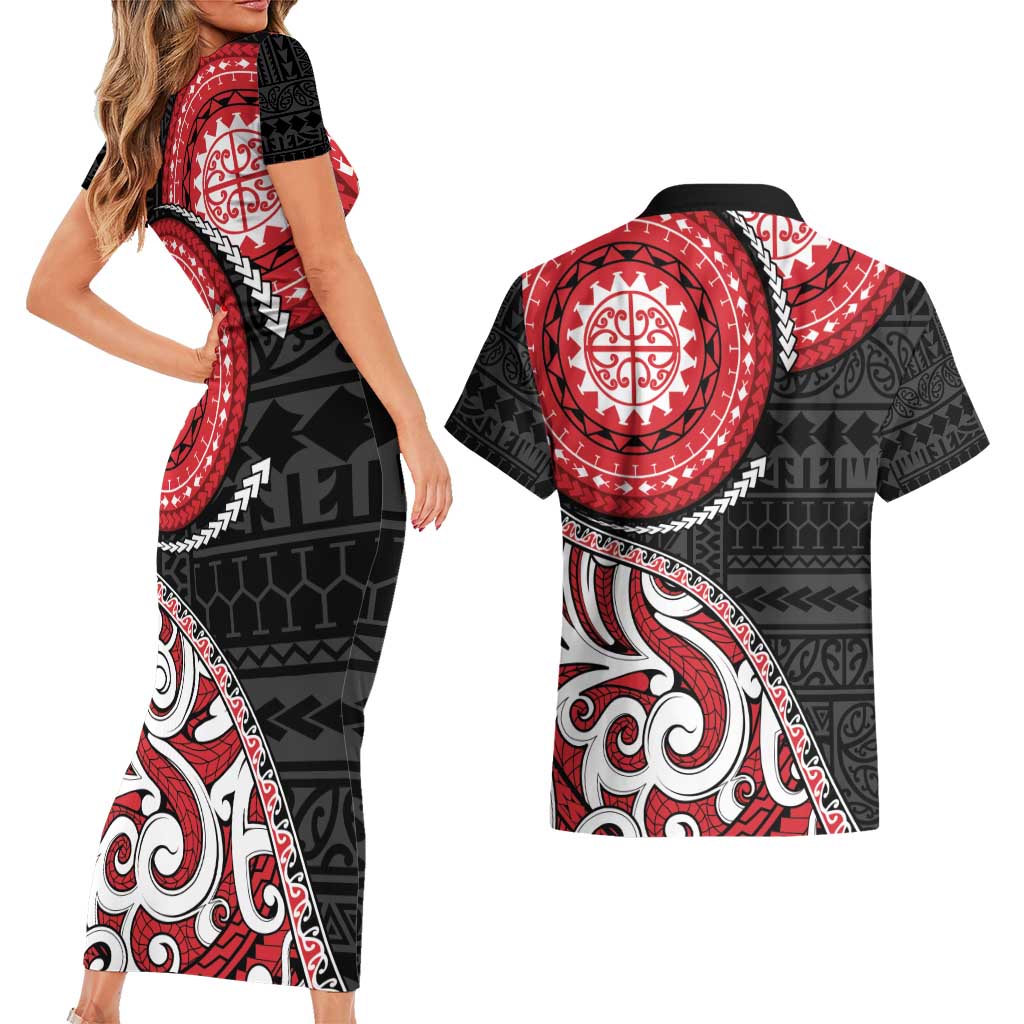 New Zealand Red Maori Koru Simple Style Couples Matching Short Sleeve Bodycon Dress and Hawaiian Shirt LT05 - Polynesian Pride