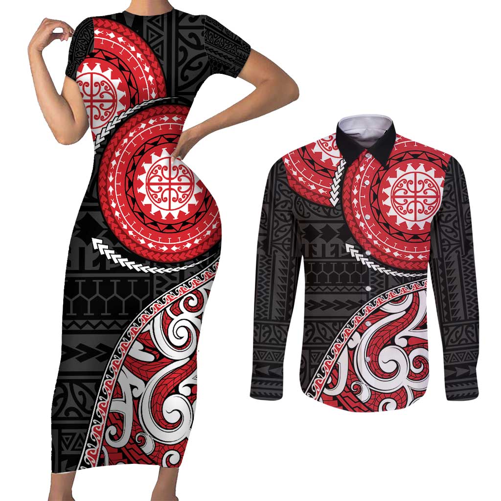 New Zealand Red Maori Koru Simple Style Couples Matching Short Sleeve Bodycon Dress and Long Sleeve Button Shirt LT05 Red - Polynesian Pride