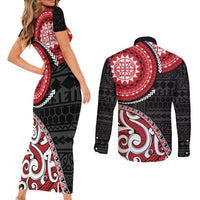 New Zealand Red Maori Koru Simple Style Couples Matching Short Sleeve Bodycon Dress and Long Sleeve Button Shirt LT05 - Polynesian Pride