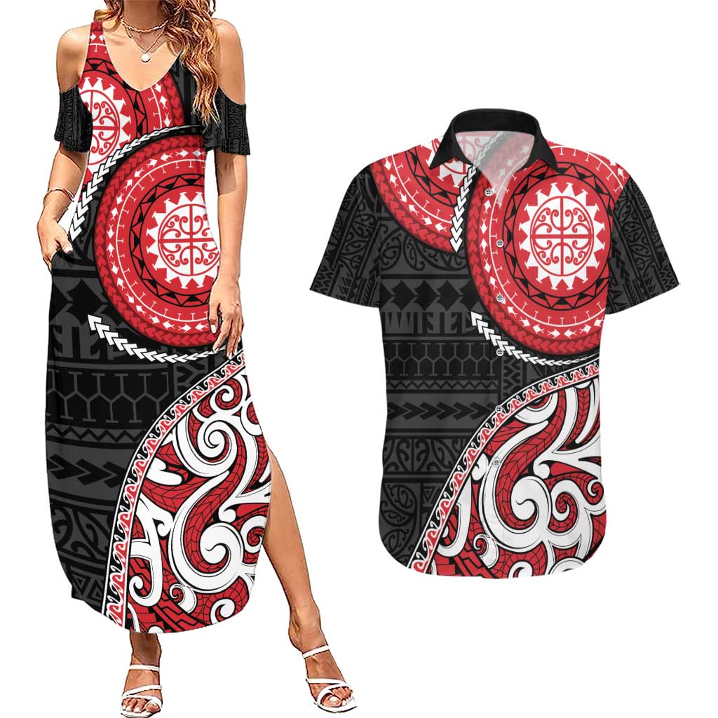 New Zealand Red Maori Koru Simple Style Couples Matching Summer Maxi Dress and Hawaiian Shirt LT05 Red - Polynesian Pride