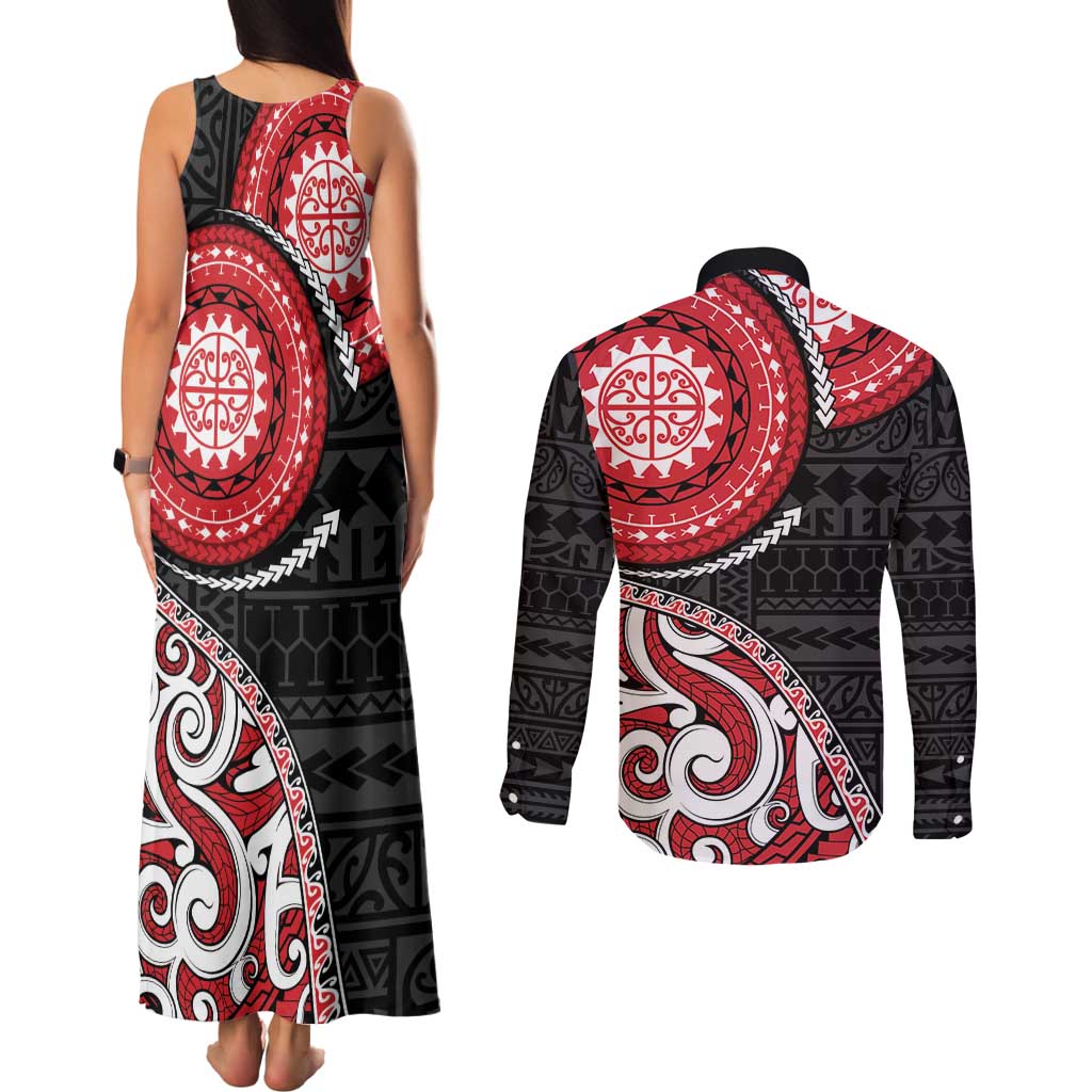 New Zealand Red Maori Koru Simple Style Couples Matching Tank Maxi Dress and Long Sleeve Button Shirt LT05 - Polynesian Pride