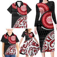 New Zealand Red Maori Koru Simple Style Family Matching Long Sleeve Bodycon Dress and Hawaiian Shirt LT05 - Polynesian Pride