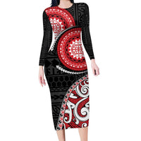 New Zealand Red Maori Koru Simple Style Family Matching Long Sleeve Bodycon Dress and Hawaiian Shirt LT05 Mom's Dress Red - Polynesian Pride