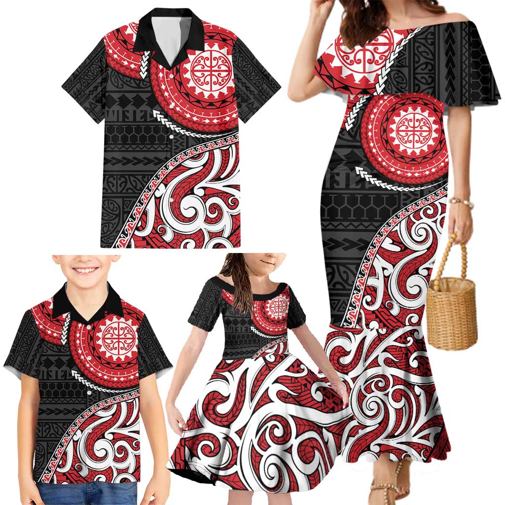 New Zealand Red Maori Koru Simple Style Family Matching Mermaid Dress and Hawaiian Shirt LT05 - Polynesian Pride