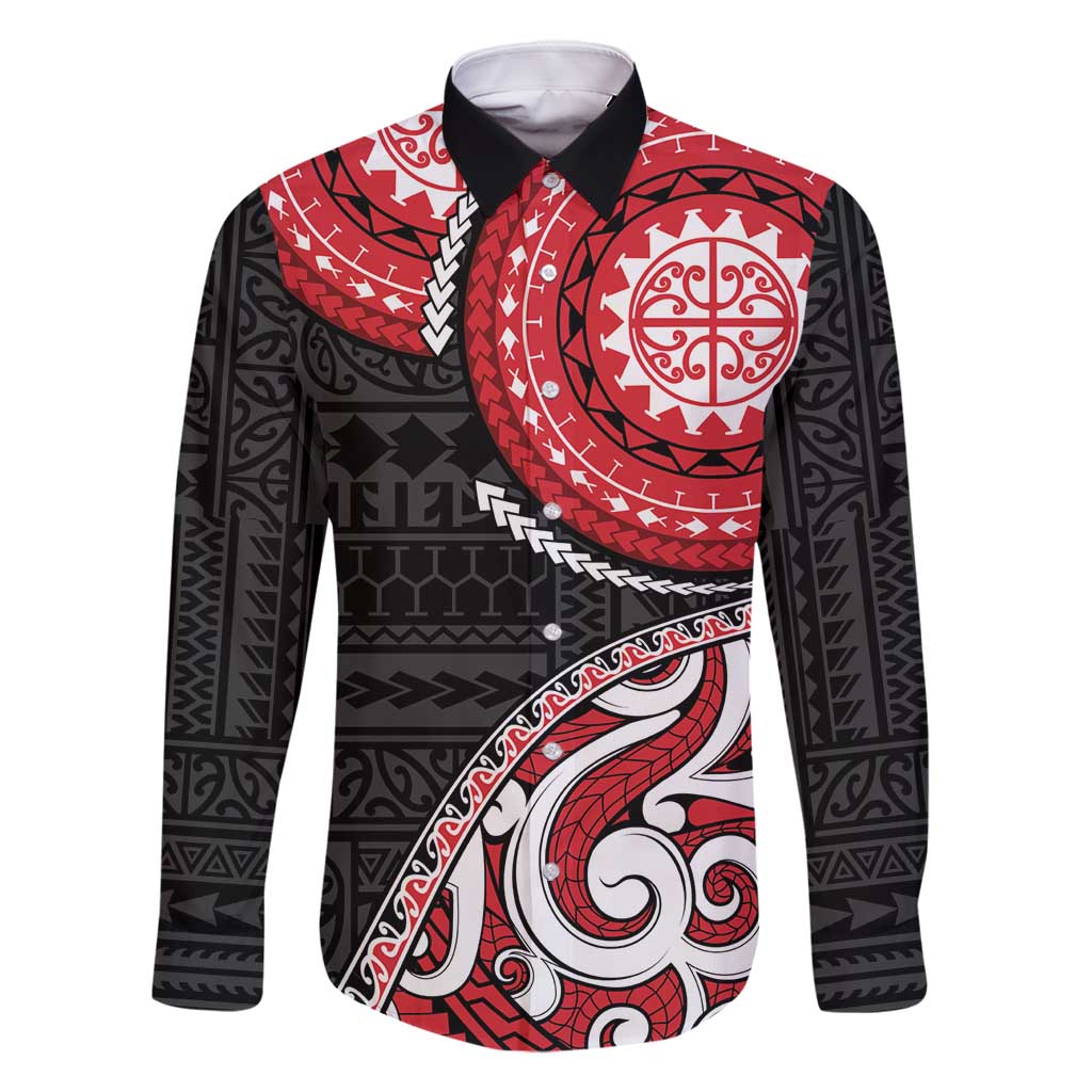 New Zealand Red Maori Koru Simple Style Family Matching Mermaid Dress and Hawaiian Shirt LT05 Dad's Shirt - Long Sleeve Red - Polynesian Pride