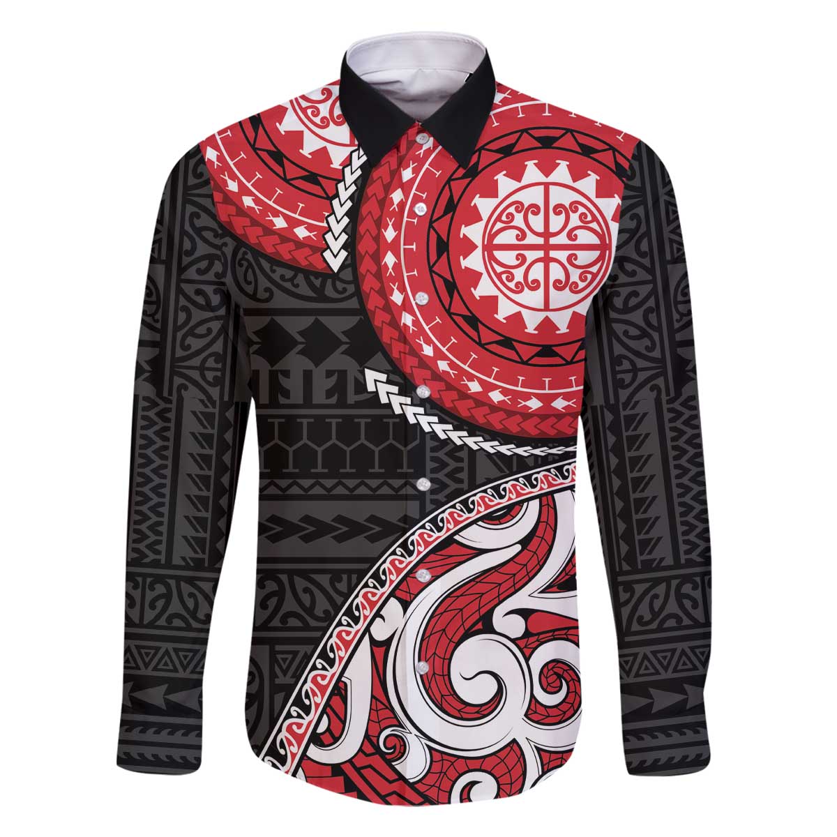 New Zealand Red Maori Koru Simple Style Family Matching Off The Shoulder Long Sleeve Dress and Hawaiian Shirt LT05 Dad's Shirt - Long Sleeve Red - Polynesian Pride