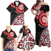 New Zealand Red Maori Koru Simple Style Family Matching Off Shoulder Maxi Dress and Hawaiian Shirt LT05 - Polynesian Pride