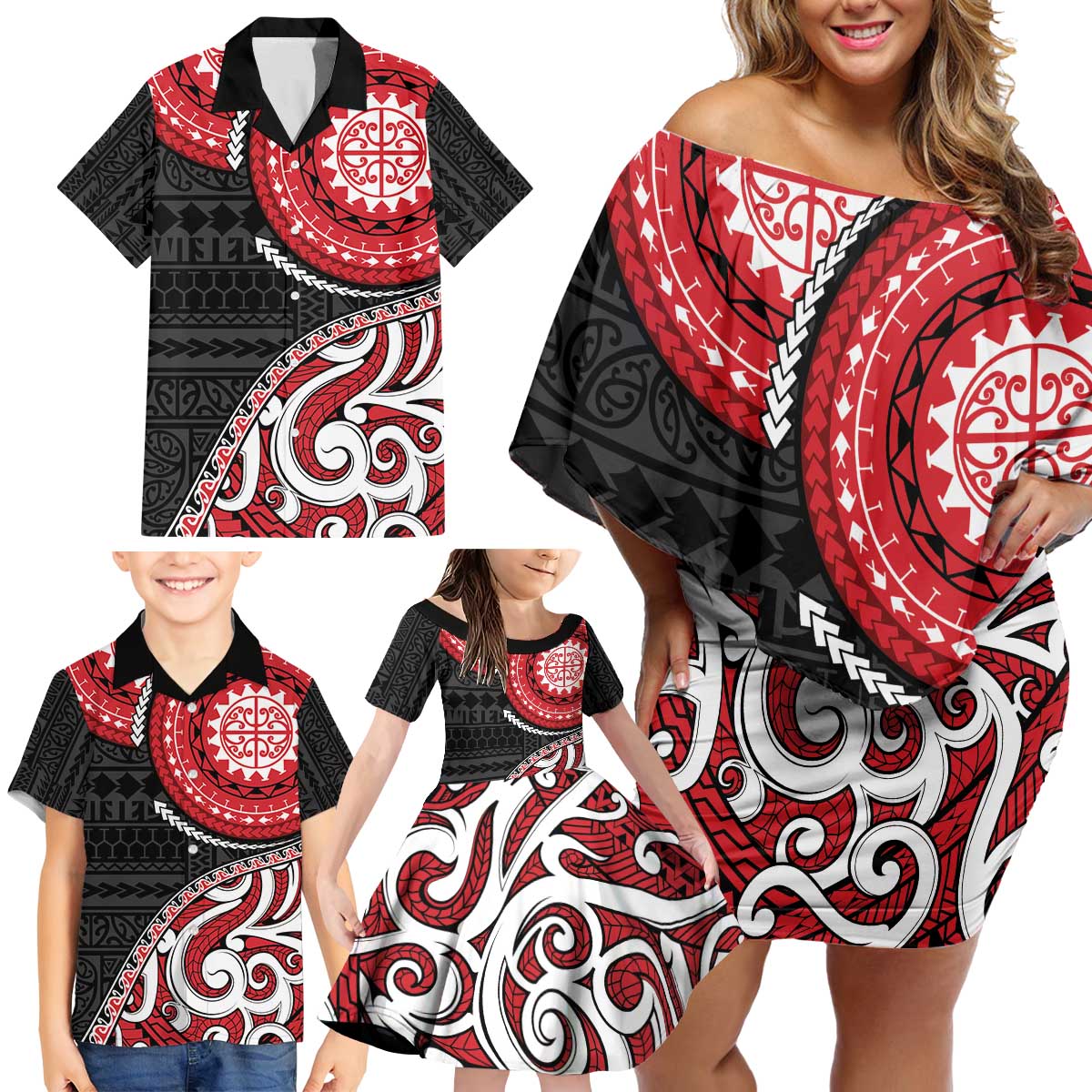 New Zealand Red Maori Koru Simple Style Family Matching Off Shoulder Short Dress and Hawaiian Shirt LT05 - Polynesian Pride