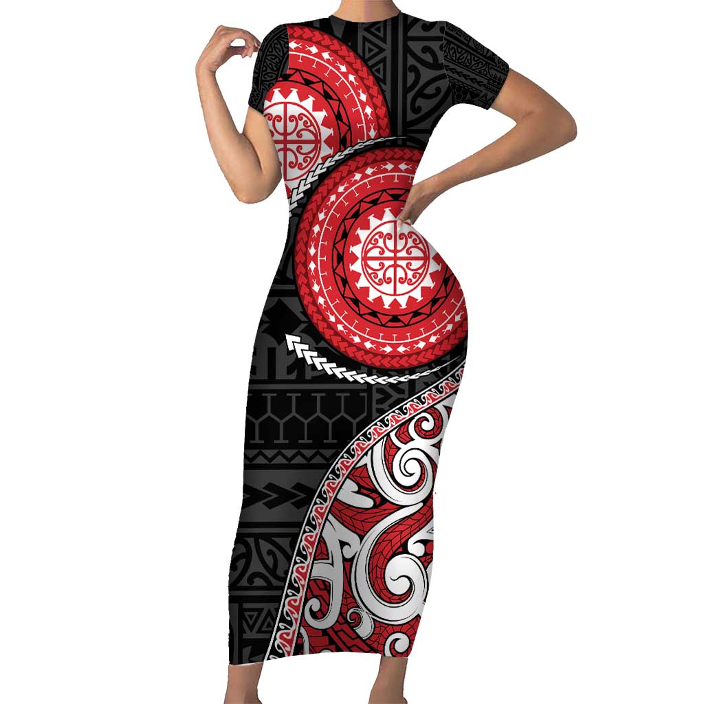 New Zealand Red Maori Koru Simple Style Family Matching Short Sleeve Bodycon Dress and Hawaiian Shirt LT05 Mom's Dress Red - Polynesian Pride