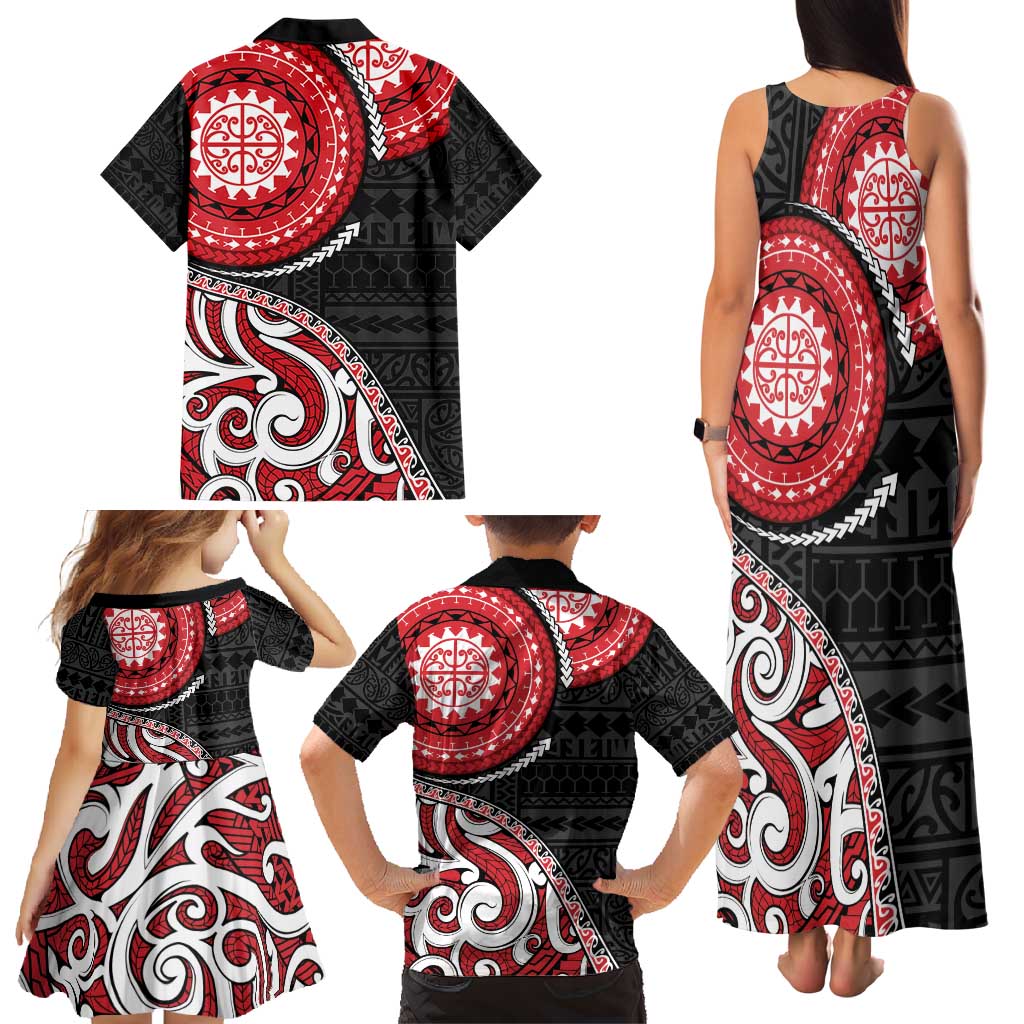 New Zealand Red Maori Koru Simple Style Family Matching Tank Maxi Dress and Hawaiian Shirt LT05 - Polynesian Pride