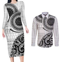 New Zealand White Maori Koru Simple Style Couples Matching Long Sleeve Bodycon Dress and Long Sleeve Button Shirt LT05 White - Polynesian Pride