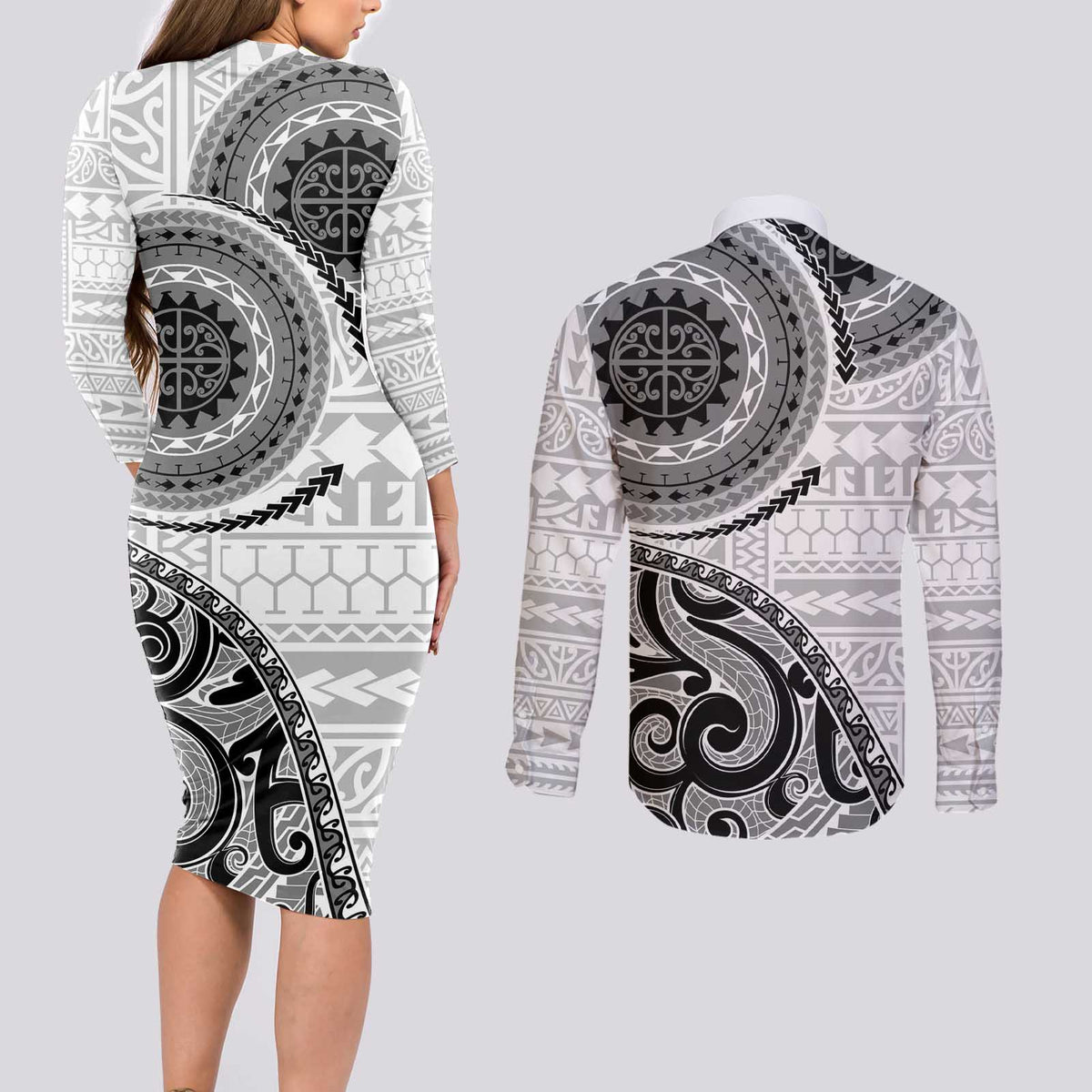 New Zealand White Maori Koru Simple Style Couples Matching Long Sleeve Bodycon Dress and Long Sleeve Button Shirt LT05 - Polynesian Pride